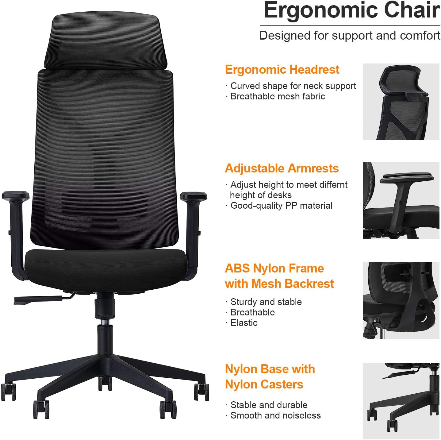 Daqian Home Executive Office Chair Ergonomic Computer Chair Wide Seat With Large Headrest, Modern Desk Chair Lumbar Support, Adjustable Armrests Mesh Chair