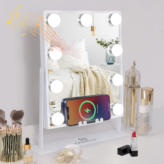 FENCHILIN White Hollywood Vanity Mirror with Lights 9 Dimmable Bulbs Wireless Charger Bluetooth Speaker Makeup Mirror with Smart Touch Control for Glam Room Bedroom Detachable 10X Magnification…