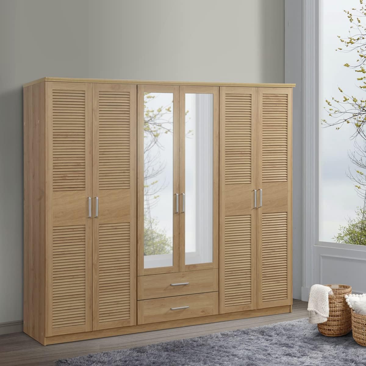 Home Box Bane 6-Door Wardrobe With 2 Mirrors And 2 Drawers 240 X 210.5 X 59.5 Cm Light Brown