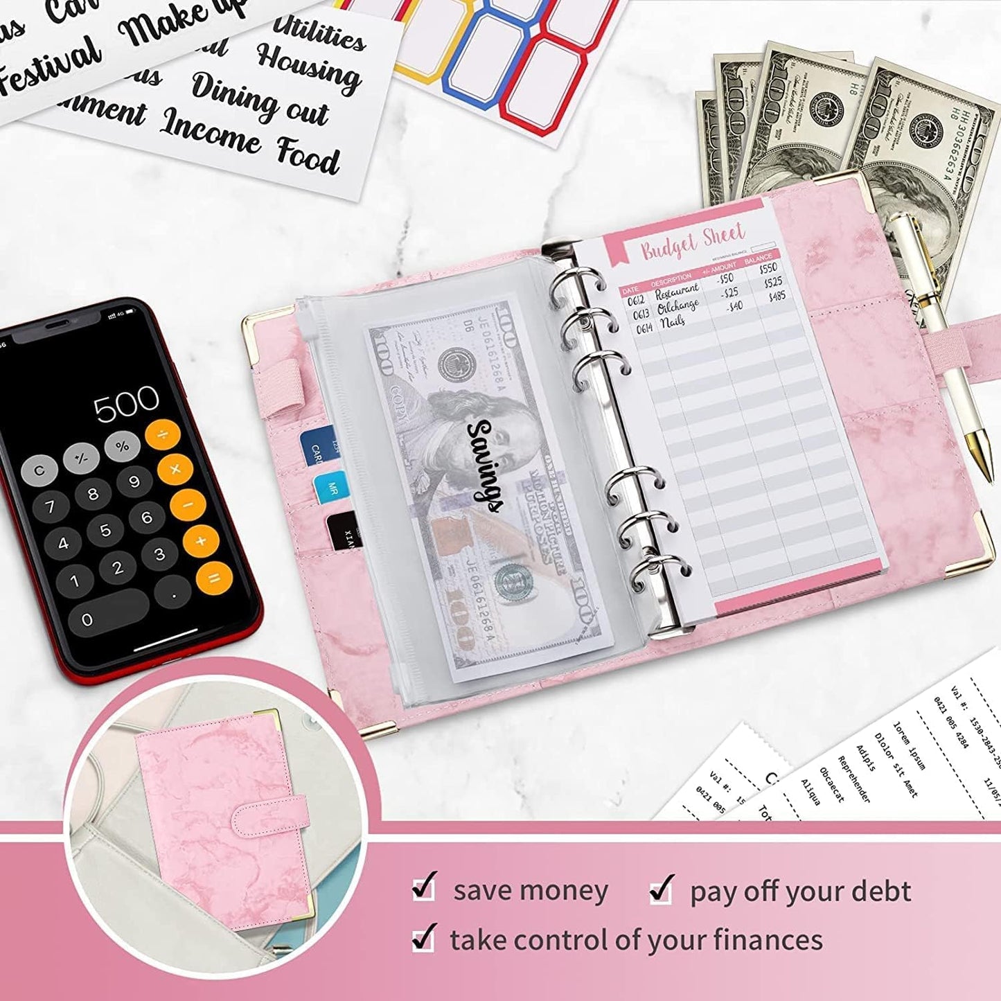 MATHARAGO Budget Binder, Cash Envelopes for Budgeting, Money Organizer for Cash, 12Pcs Budget Binder with Cash Envelopes, Marble 6-Ring Money Saving Binder(Marble-Grey)