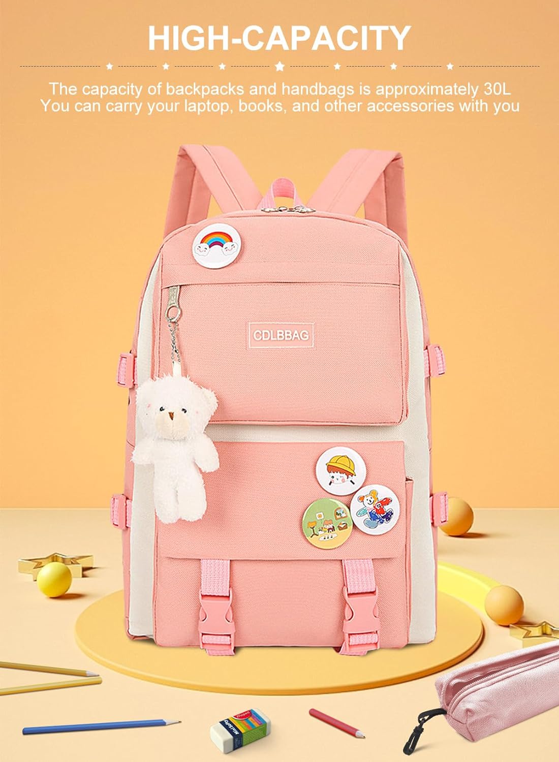 kids bags Toddler Backpack School Bags For Girls, 4Pcs Cute Backpack Set with Pendant Lunch Bag, Pencil Case, Handbag, Coin Purse for Teen Girls School Backpack (Pink)