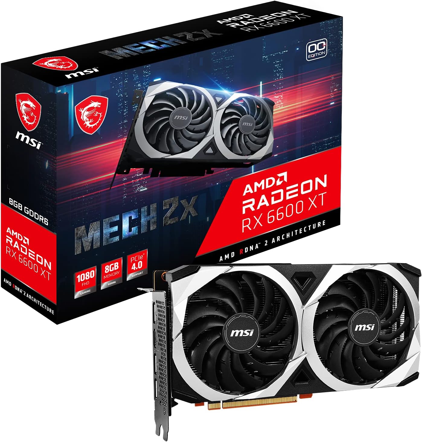 MSI VGA Radeon RX 6600 MECH 2X 8G Gaming Graphics Card, 128-bit Memory, PCI Express® 4.0 x8, 18 Gbps Memory Speed, 7680 x 4320 Maximum Resolution - Black