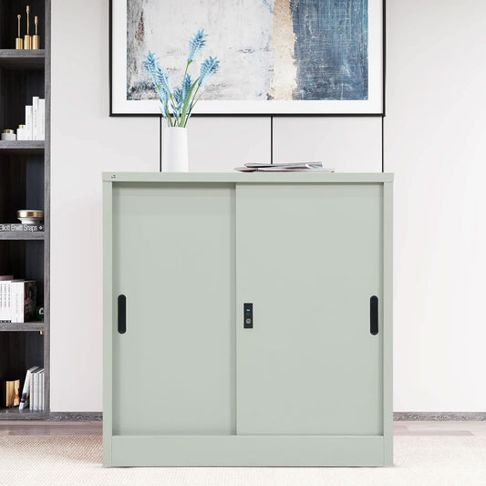 RIGID Steel Sliding Door Cupboard Low Hight Steel Filing Cabinet with Shelves Storage (Grey)