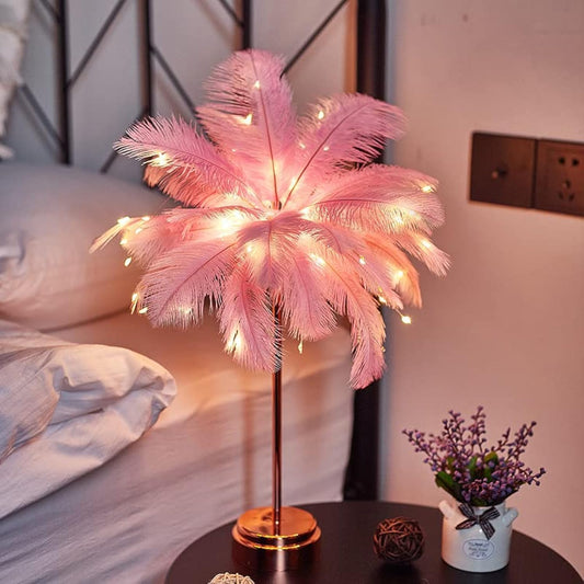 NOLEGA Table Lamp,Feather Table Lamp with Plug in Wire Modern Feather Lamp Bedside Table Lamp for Bedroom Nightstand Lamp (Pink)