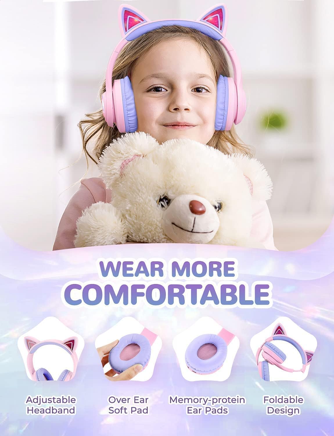 iClever BTH13 Bluetooth Headphones, Cat Ear LED Light Up Wireless Kids Headphones with Volume Limited (74/85/94dB), 45H Playtime, Children Headphones with MIC Over Ear for School/Tablet/PC, Purple