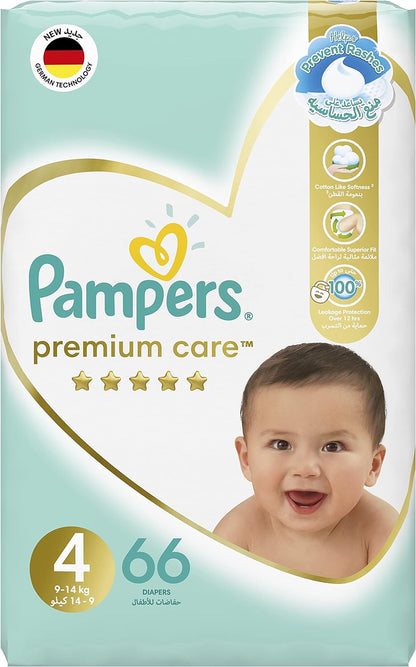 Pampers Premium Care Taped Baby Diapers, Size 4, 9-14 kg, Unique Softest Absorption for Ultimate Skin Protection, 216 Count