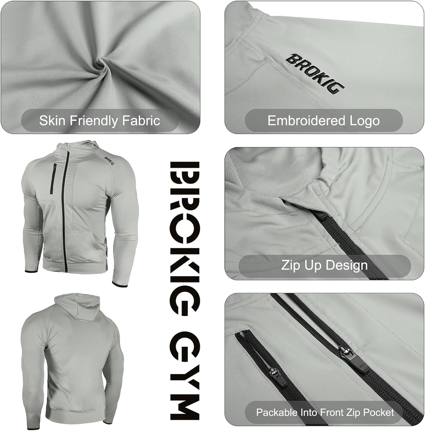 BROKIG Mens Zip Hoodies,Lightweight Gym Sports Sweatshirts Running Track Training Jackets with Pockets