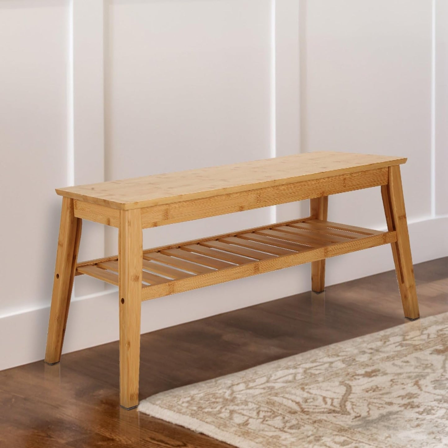 Nnewvante Bamboo Entryway Bench, 2 Tier Indoor Storage Bench, Dining Bench for Hallway, Living Room, Kitchen 33.46"