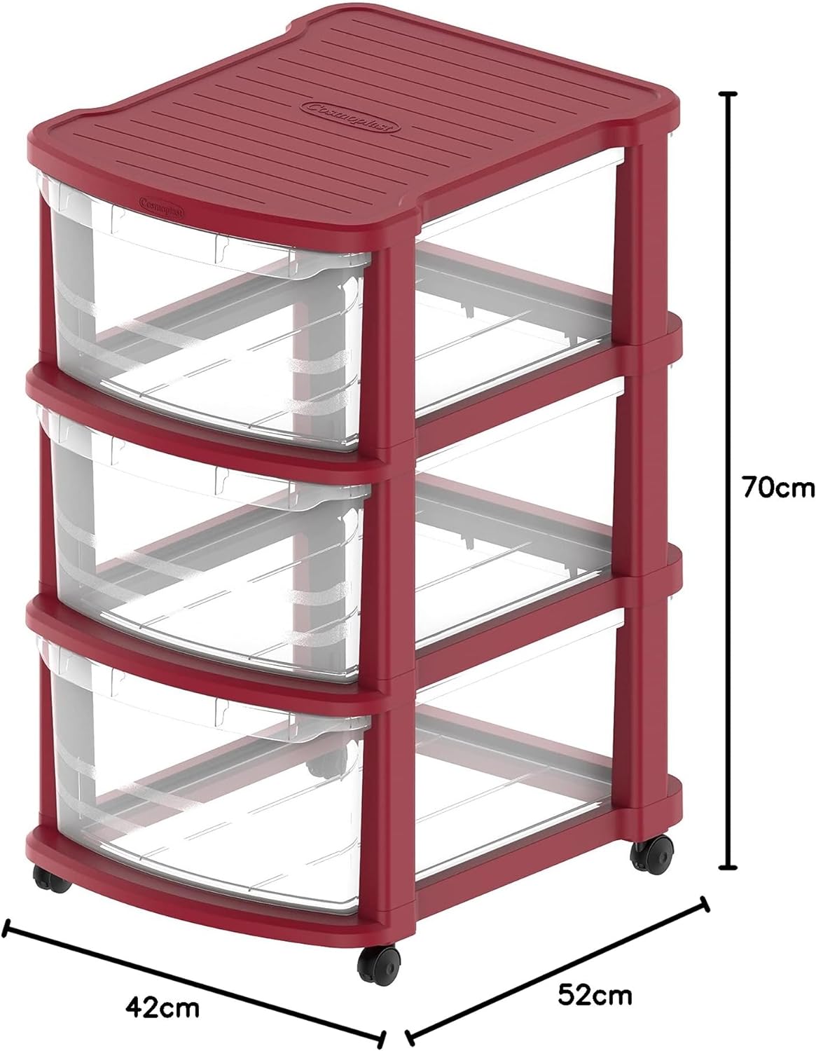 Cosmoplast 3 Tiers Multipurpose Storage Cabinet With Wheels, Dark Red With Translucent Drawers