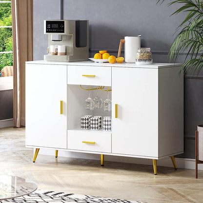 YITAHOME Buffet Cabinet, Sideboard & Buffet with Storage, Credenza with Adjustable Shelf, Wine Glass Holder, Drawers, Modern White & Gold Dresser for Living Room, Kitchen, Dining Room