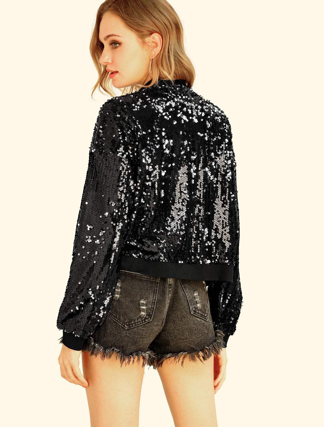 Allegra K Women's Halloween Sequin Sparkle Long Sleeve Zipper Bomber Jacket