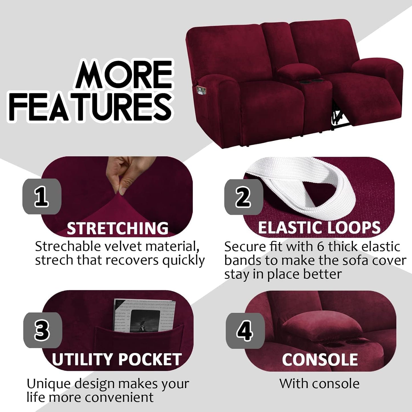 CULOTOL 8-Piece Velvet Stretch Loveseat Reclining Sofa Covers, Reclining Love Seat with Middle Console Slipcover, 2 seat Love Seat Recliner Cover, Thick, Soft, Washable (Black)