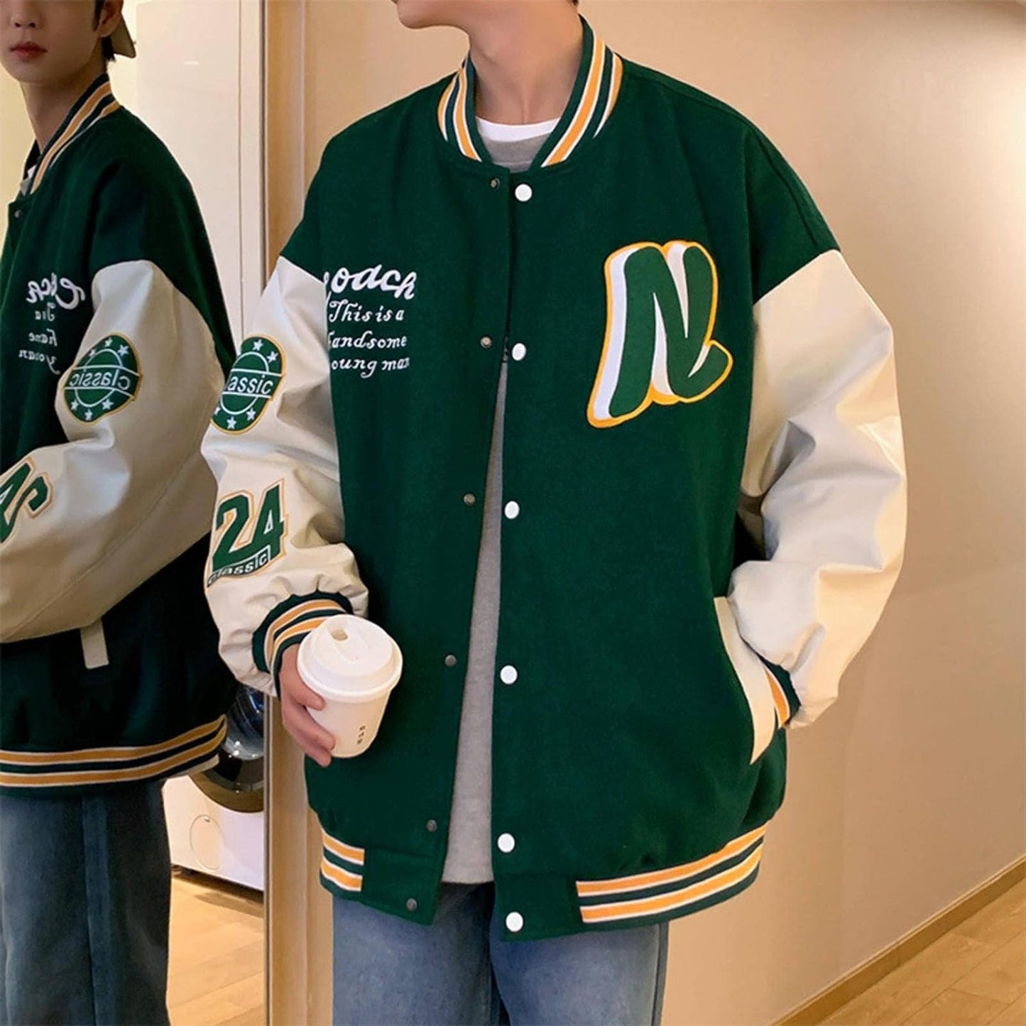 Men Woman Varsity Jacket PU Leather Sleeve American Retro Spring Baseball Uniform Jacket