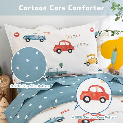 Cars Toddler Bedding Set 4 Pieces Blue Cotton Comforter Set Kids Crib Bed Set Include Flat Sheet Fitted Sheet and Pillowcase for Boys and Girls