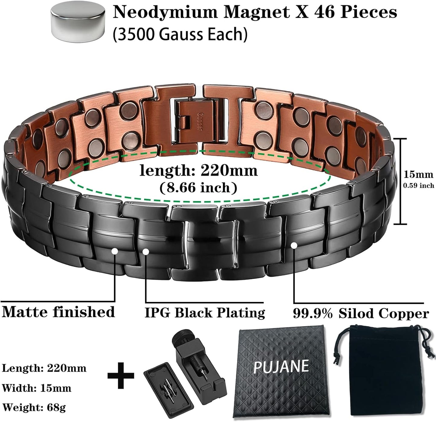 PUJANE Mens Magnetic Bracelet, 99.99% Solid Copper Double Row 46 Piece Magnets Energy Bracelets, Ultra Strength 3500 Gauss Magnetic Jewelry Gift with Adjustment Tool (Black)