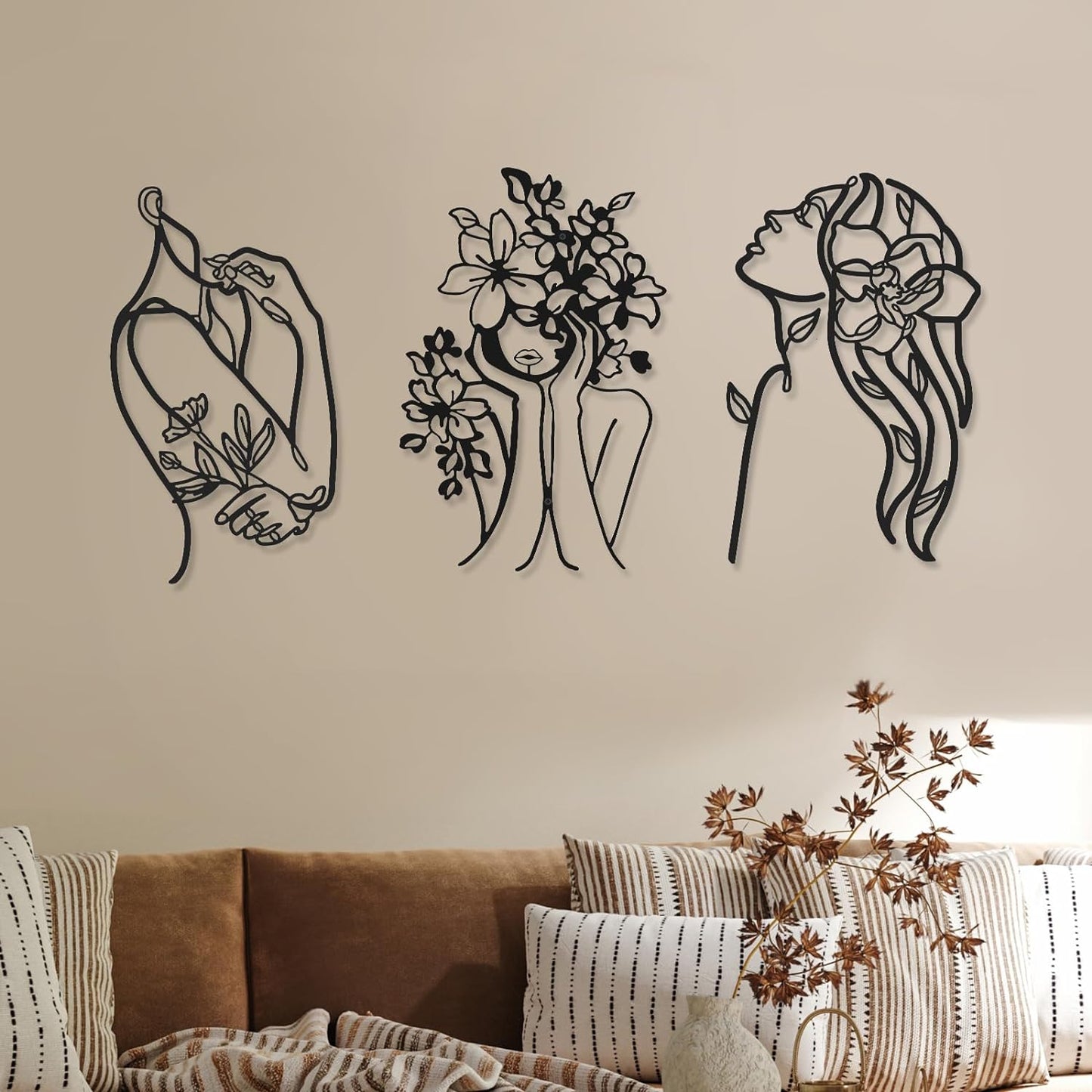 3 Pcs Metal Wall Art Decor Minimalist Abstract Woman Wall Art metal Modern Line Drawing Wall Art Decor Female Single Line Wall Home Hanging for Bedroom Kitchen Bathroom Living Room(Black, Modern)