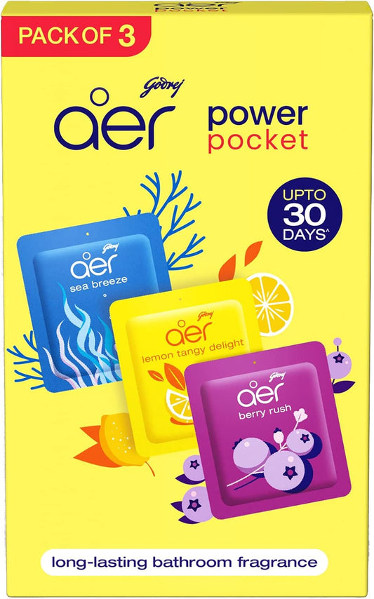 Godrej Aer Power Pocket | Air Freshener- Bathroom And Toilet | Lasts Up To 30 Days | Assorted Pack Of 3 (30G)