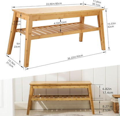 Nnewvante Bamboo Entryway Bench, 2 Tier Indoor Storage Bench, Dining Bench for Hallway, Living Room, Kitchen 33.46"