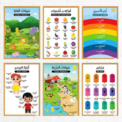 ESSEN Arabic Alphabet Educational Preschool Posters Learning Charts in Arabic For Kids Toddlers Arabic Alphabets, Numbers, Shapes, Colors, Animals, Days of Week, Fruits, Body Parts &more - Set of 12