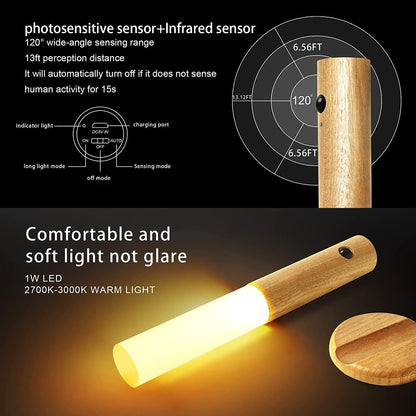 Lengenda Motion Sensor Night Light Smart LED Light Sensing Distance 4M Hand-held Portable Stick Anywhere for Bedroom Stairway Children Room (Walnut Wood)