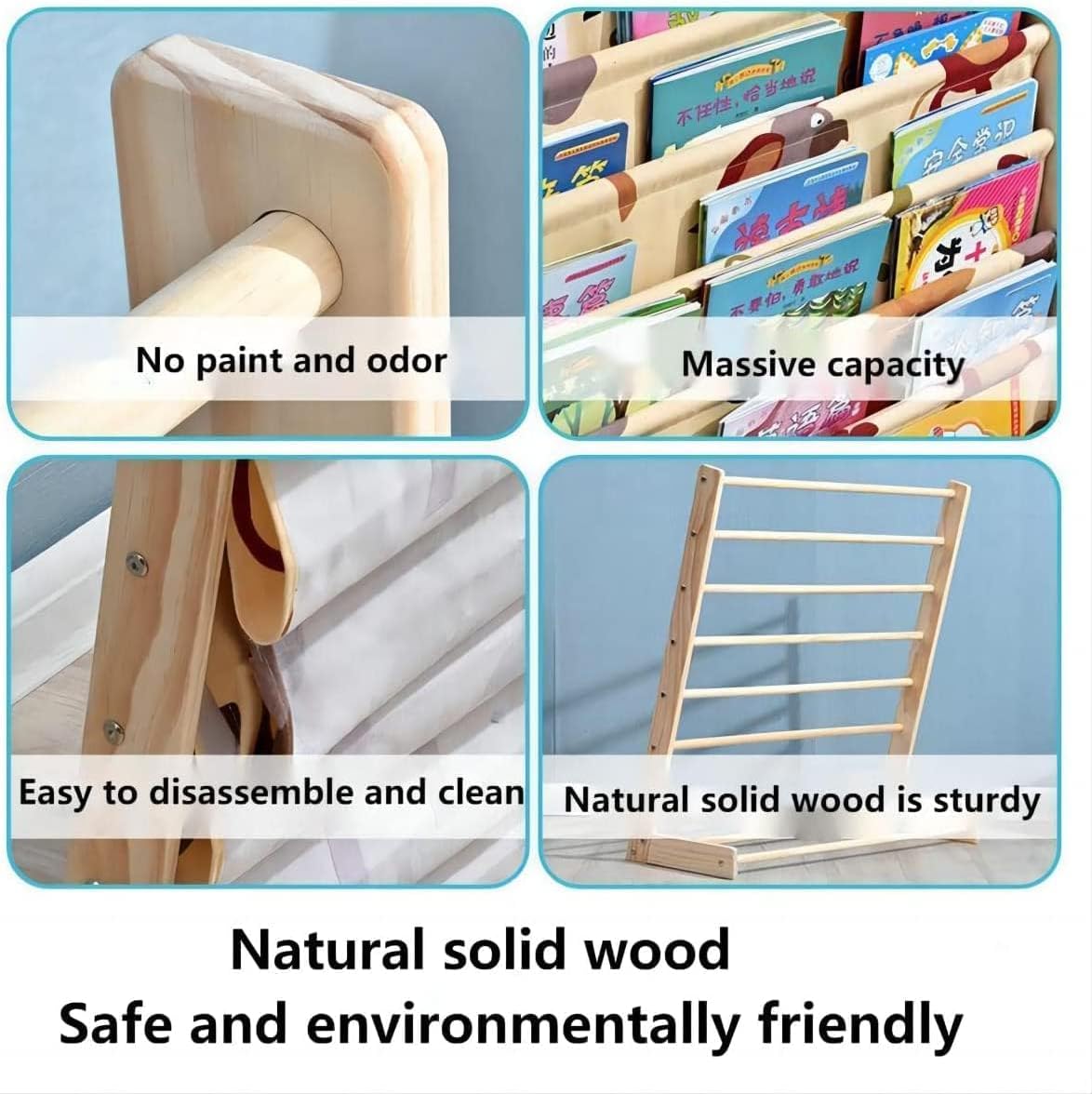 Bookshelf for Kids, Baby Bookshelf 6 Tier Kids Book Shelf Natural Beige Sling Book Rack for Kids Bedroom Playroom Toy Storage (Wood: 29.5" L)