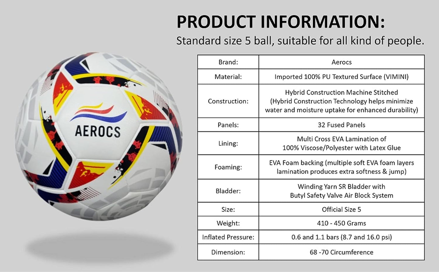 AEROCS Soccer Ball World Cup Football Size 5, Machine Stitched, Best Indoor/Outdoor Football, for Soccer Players and Football Fans