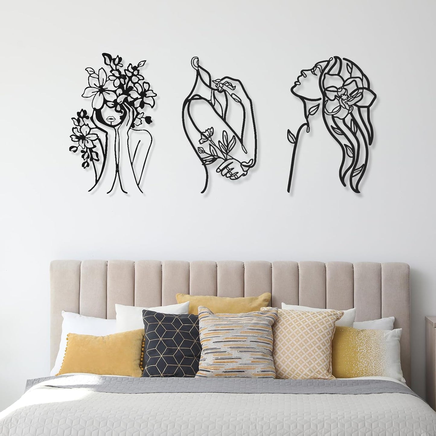 3 Pcs Metal Wall Art Decor Minimalist Abstract Woman Wall Art metal Modern Line Drawing Wall Art Decor Female Single Line Wall Home Hanging for Bedroom Kitchen Bathroom Living Room(Black, Modern)