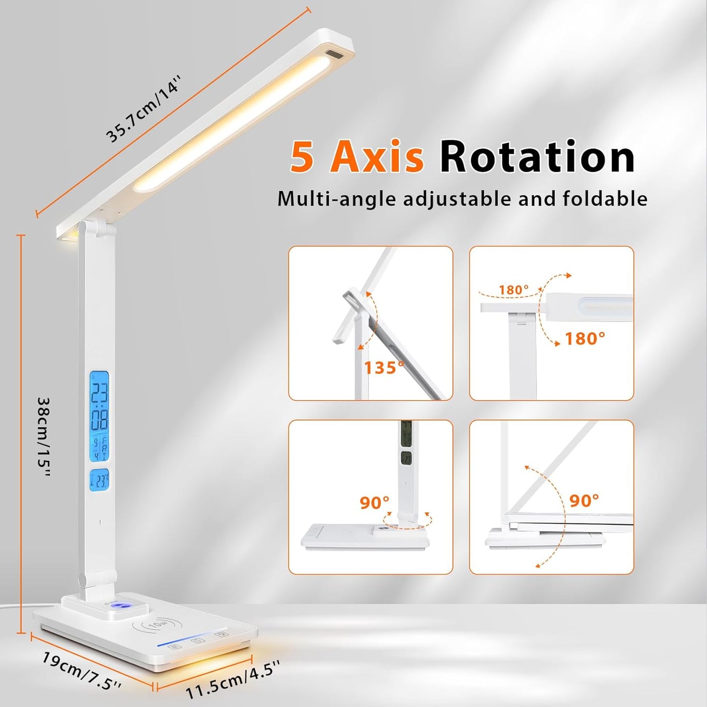 Ufanore LED Desk Lamp with Wireless Charger, USB Charging Port, Dimmable Desk Light with Clock, Alarm, Date, and Temperature, Foldable Eye-caring Table Lamp for Bedroom Bedside Office, 45-Min Timer