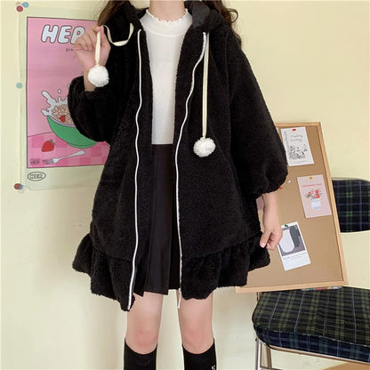 Women Cute Bunny Ear Long Sleeve Fuzzy Fluffy Rabbit Tops Sweatshirt Hoodie Jacket Coats