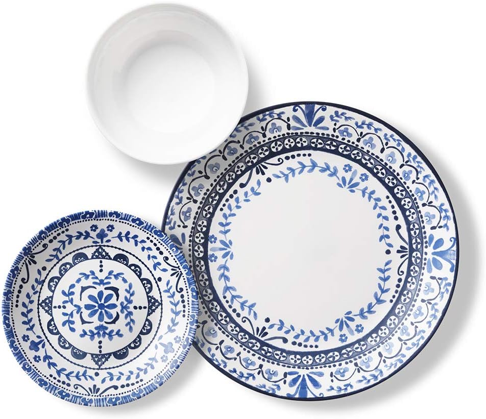 Corelle Service For 6 Chip Resistant Dinnerware Set, 18-Piece, Portofino, White And Blue