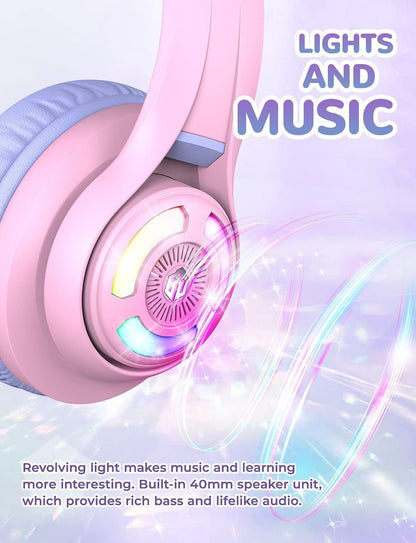 iClever BTH13 Bluetooth Headphones, Cat Ear LED Light Up Wireless Kids Headphones with Volume Limited (74/85/94dB), 45H Playtime, Children Headphones with MIC Over Ear for School/Tablet/PC, Purple