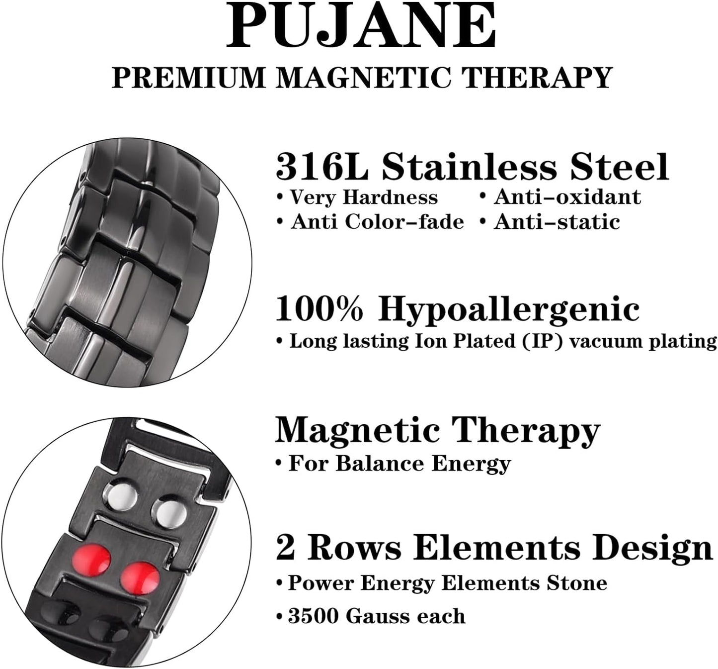 PUJANE Mens Magnetic Bracelet, 99.99% Solid Copper Double Row 46 Piece Magnets Energy Bracelets, Ultra Strength 3500 Gauss Magnetic Jewelry Gift with Adjustment Tool (Black)