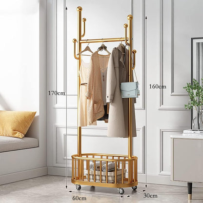 Paperbacks Coat Rack with Storage Basket, Freestanding Coat Hanger Stand Hall Tree with 4 Hooks, Moveable Coat Rack Stand Modern Garment Rack for Entryway, Hallway, Office, Bedroom (Golden)