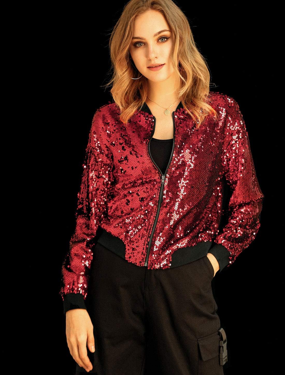 Allegra K Women's Halloween Sequin Sparkle Long Sleeve Zipper Bomber Jacket