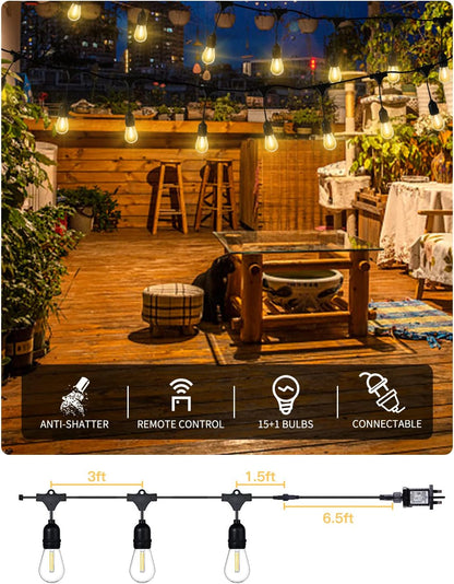 Patio Lights 51FT/15M LED Outdoor String Lights, 15+1 Waterproof Shatterproof Commercial Grade, Plastic Edison Vintage Bulbs, 15L Classic Patio Lights Hanging for Wedding Party Cafe Backyard Bistro