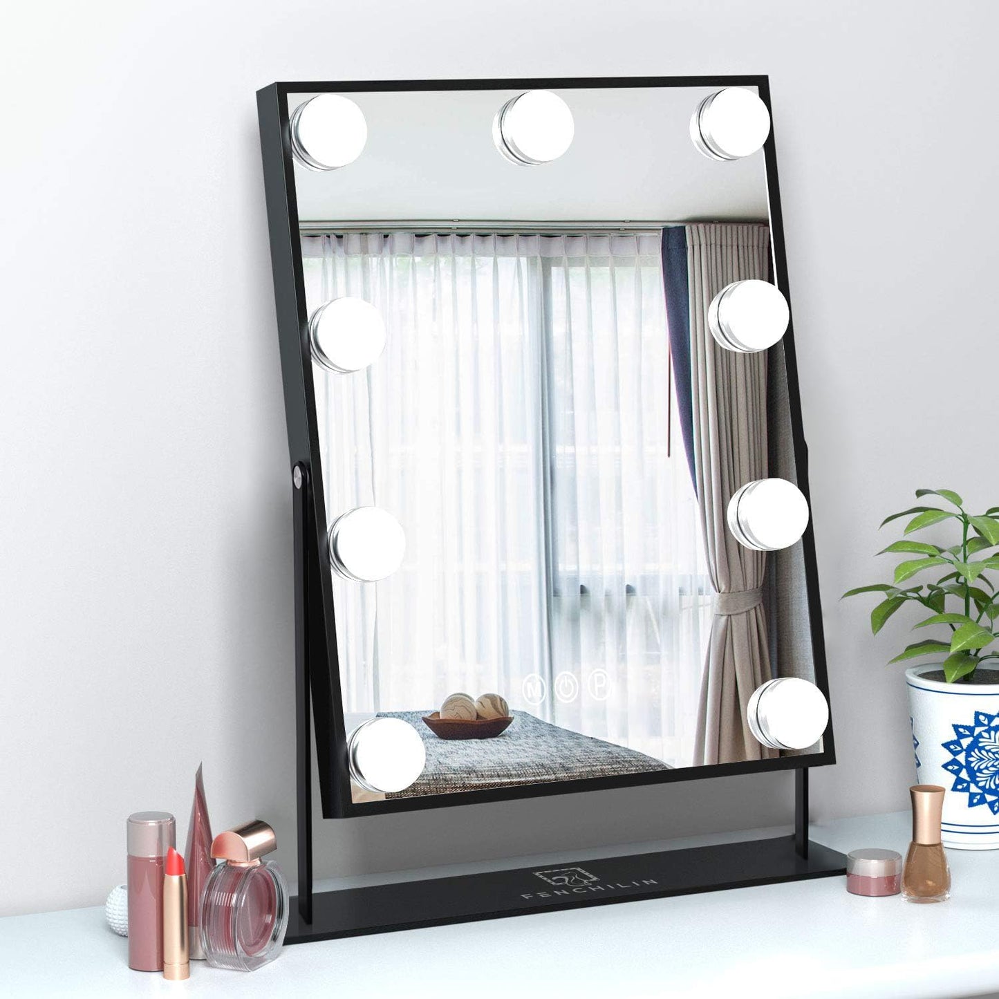 FENCHILIN White Hollywood Vanity Mirror with Lights 9 Dimmable Bulbs Wireless Charger Bluetooth Speaker Makeup Mirror with Smart Touch Control for Glam Room Bedroom Detachable 10X Magnification…