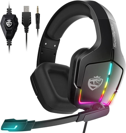 Soulbytes Gaming Headset PS5 Headset PS4 Switch PC xboxone Headset with Microphone Dynamic RGB LED Effect Gamer Headsets for Computer Laptop 3.5mm Wired Stereo Bass Over Ear Mic Gaming Headphones