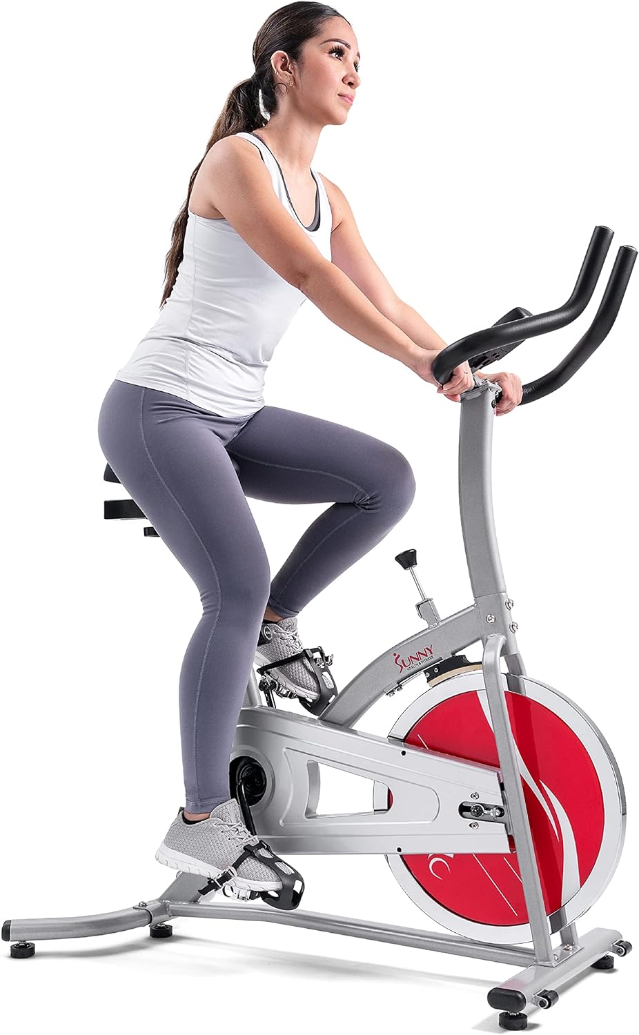 Sunny Health & Fitness Exercise Bike, Indoor Cycling Exercise Stationary Bike with Digital Monitor/Flywheel/Adjustable Seat, Gym Equipment for Home Use, 22 LB Flywheel, SF-B1203