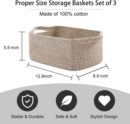 OIAHOMY Cotton Rope Baskets, Woven Baskets for Storage, Nursery Storage Baskets, Rectangle Storage Basket with Handles, Storage Baskets for Shelves, Pack of 3, Brown Variegated