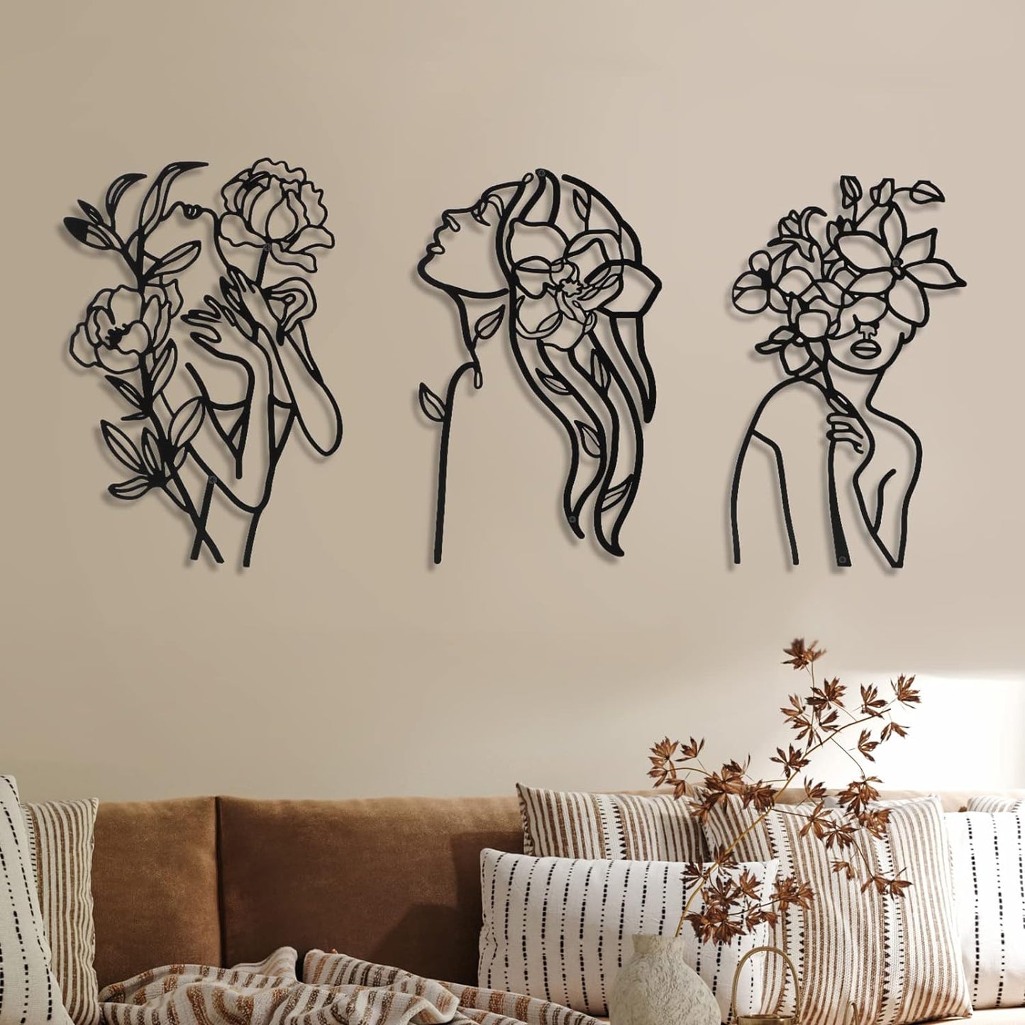 3 Pcs Metal Wall Art Decor Minimalist Abstract Woman Wall Art metal Modern Line Drawing Wall Art Decor Female Single Line Wall Home Hanging for Bedroom Kitchen Bathroom Living Room(Black, Modern)