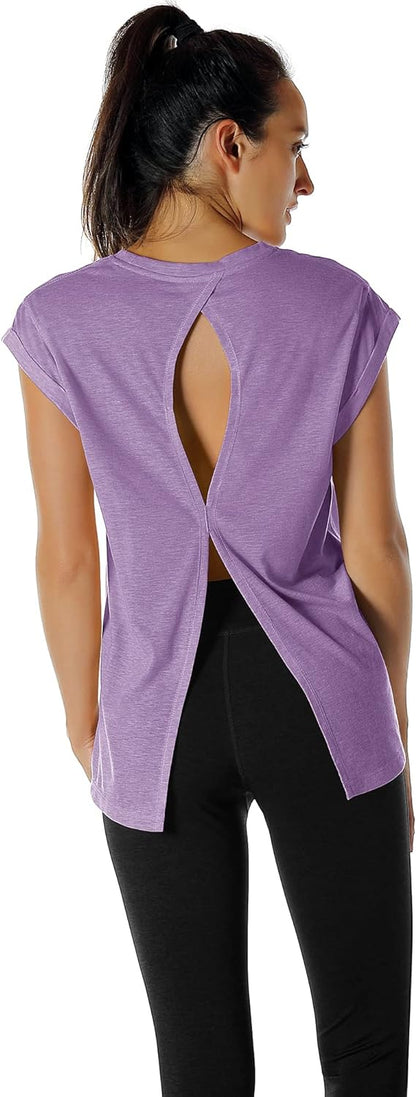 icyzone Open Back Workout Top Shirts - Yoga t-Shirts Activewear Exercise Tops for Women(Pack of 2)