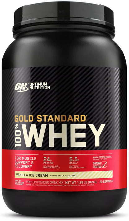 Optimum Nutrition (ON) Gold Standard 100% Whey Protein Powder Primary Source Isolate, 24 Grams of Protein for Muscle Support and Recovery - Vanilla Ice Cream, 2 Lbs, 29 Servings (899 Grams)