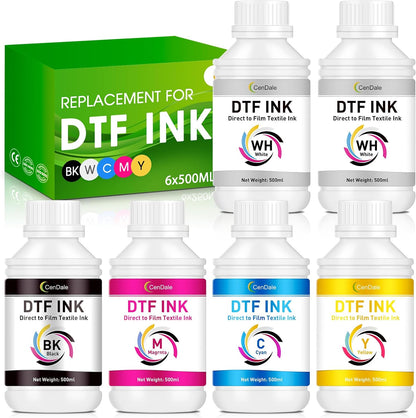 CenDale Premium DTF Ink 600ML- DTF Transfer Ink for PET Film, Refill for DTF Printers Epson ET-8550, XP-15000, L1800, L805, R1390, R2400, Heat Transfer Printing Direct to Film (100ml x 6, CMYK Wh)