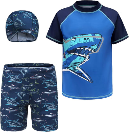 Maeau Boys Rash Guard Swimsuit UPF 50+ Swim Bathing Suit 3 Piece Sun Protection Swimwear Set