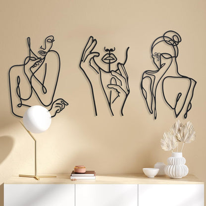 3 Pcs Metal Wall Art Decor Minimalist Abstract Woman Wall Art metal Modern Line Drawing Wall Art Decor Female Single Line Wall Home Hanging for Bedroom Kitchen Bathroom Living Room(Black, Modern)