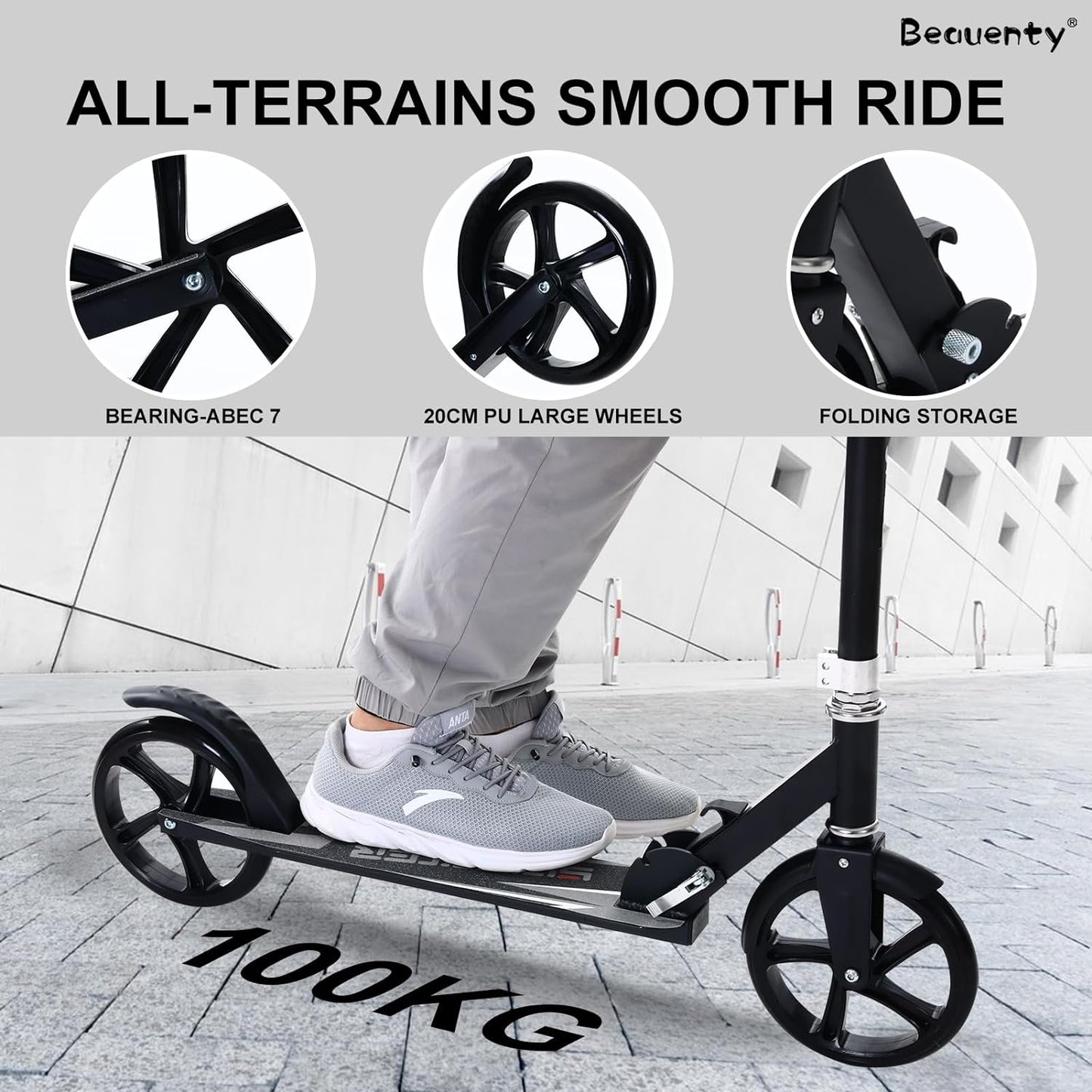 Beauenty Kick Scooter for Kids, Teens, Adult Riders Up to 150KG, 2-Wheel Scooter Foldable to Carry