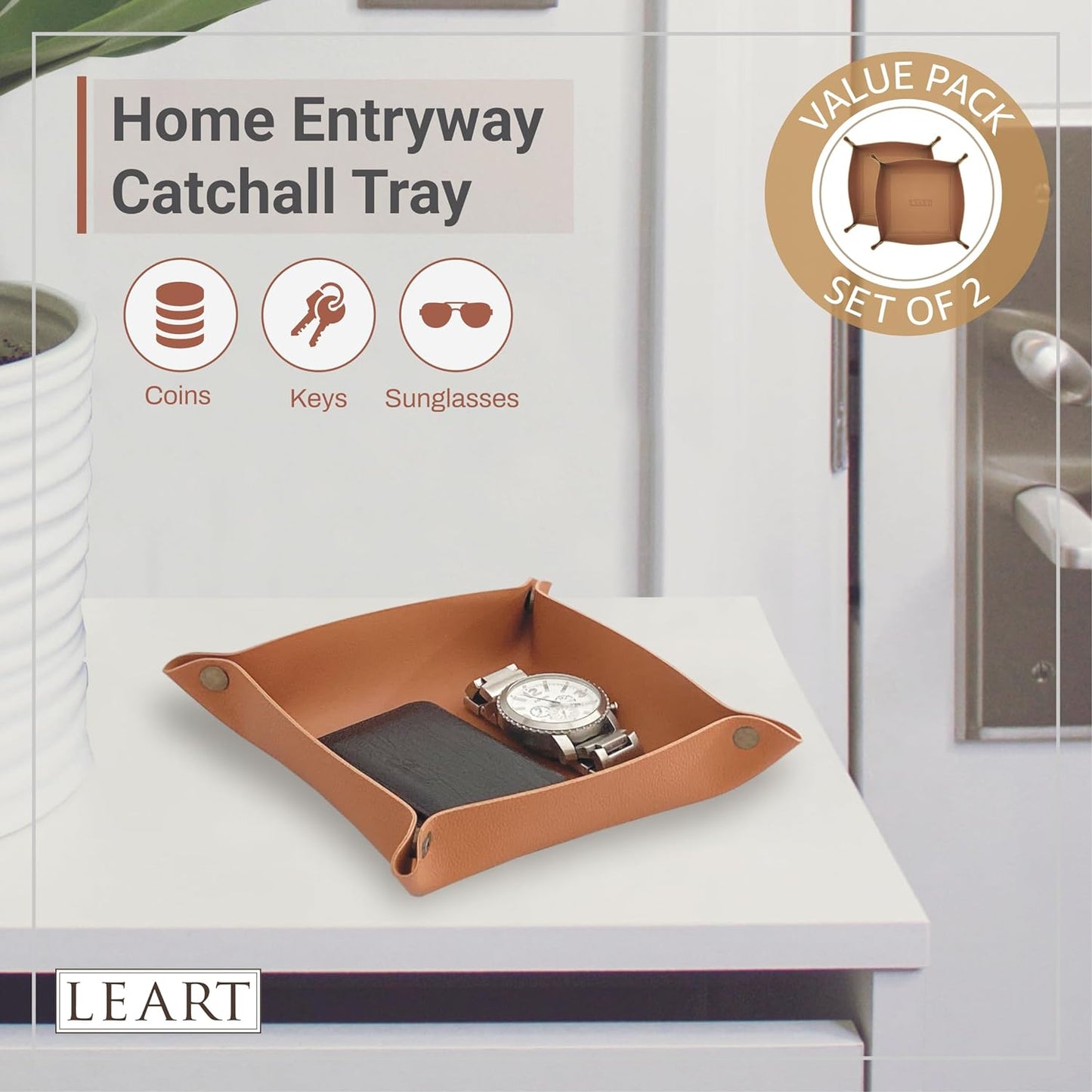 LEART Valet Tray - Small & Compact Catchall Tray | Desk, Bedside, Home Entrance Entryway Organizer | Valet Tray for Keys, Coins, Stationary, Jewellery (Caramel)