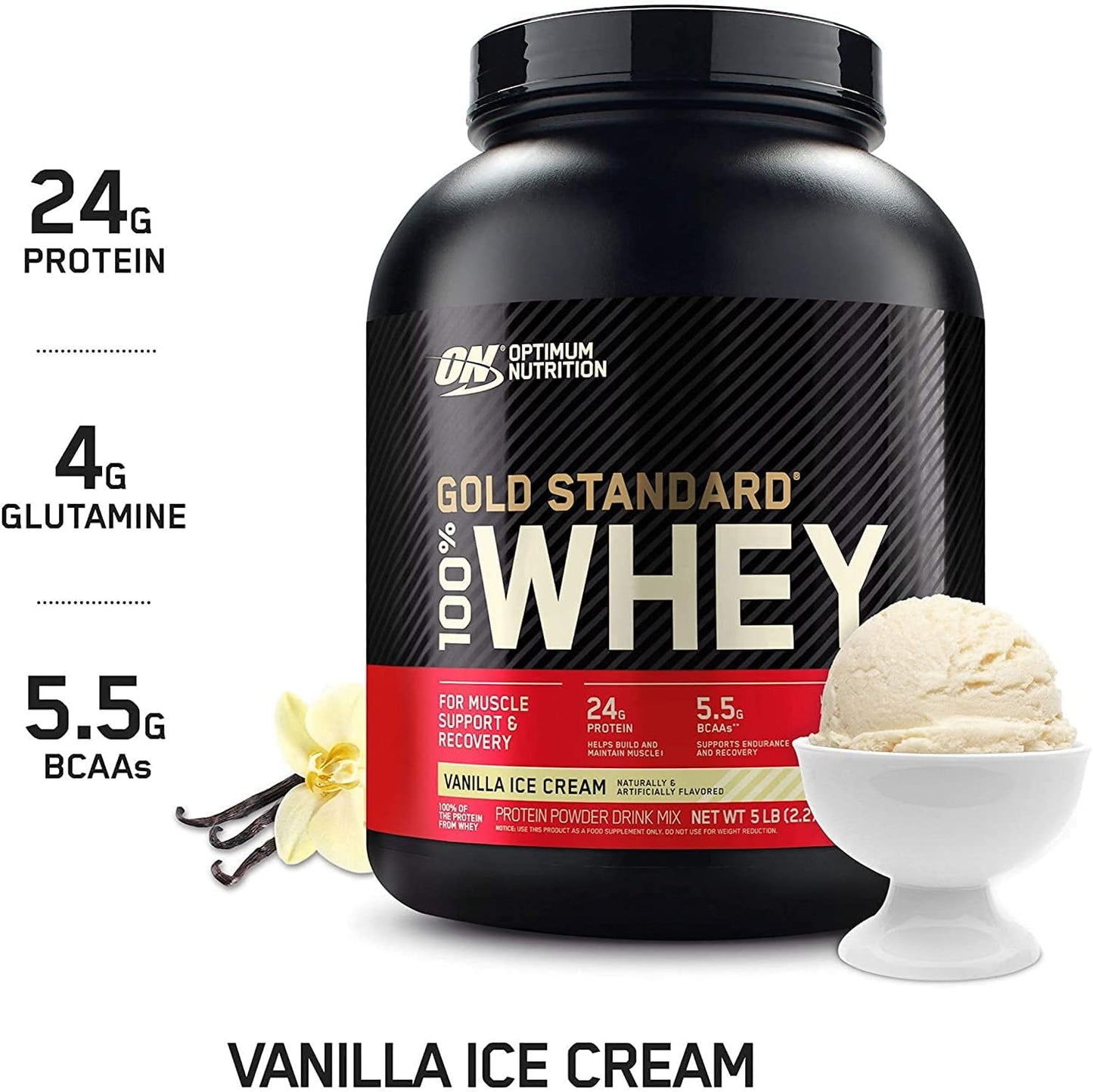 Optimum Nutrition (ON) Gold Standard 100% Whey Protein Powder Primary Source Isolate, 24 Grams of Protein for Muscle Support and Recovery - Delicious Strawberry, 10 Lbs, 146 Servings (4.53 KG)