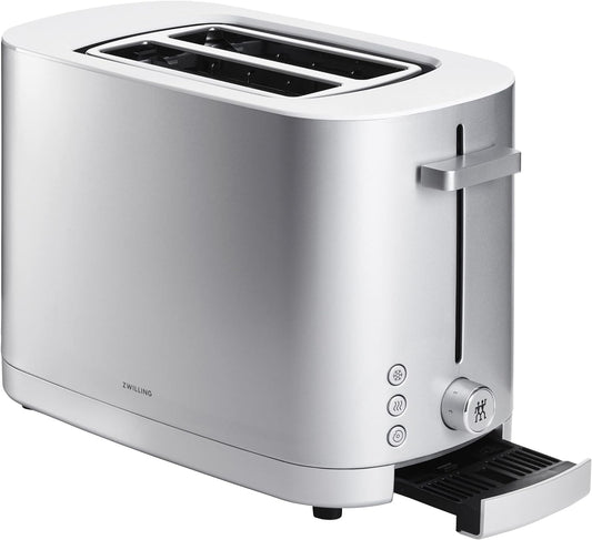 Zwilling Enfinigy Toaster 2 Slice Silver. 1000 watts. 4 separate heating elements. Soft lift & extra lift features. 7 browning levels. 3 automatic programmes: thaw, warm & bagel. Automatic shut-off.