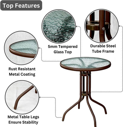 HEXAR® Outdoor Table Round Patio Table Coffee Table Side Table Garden Table Outdoor Indoor Furniture with Metal Frame and Tempered Water Ripple Glass Top for Garden Backyard Porch Deck (CLASSIC)